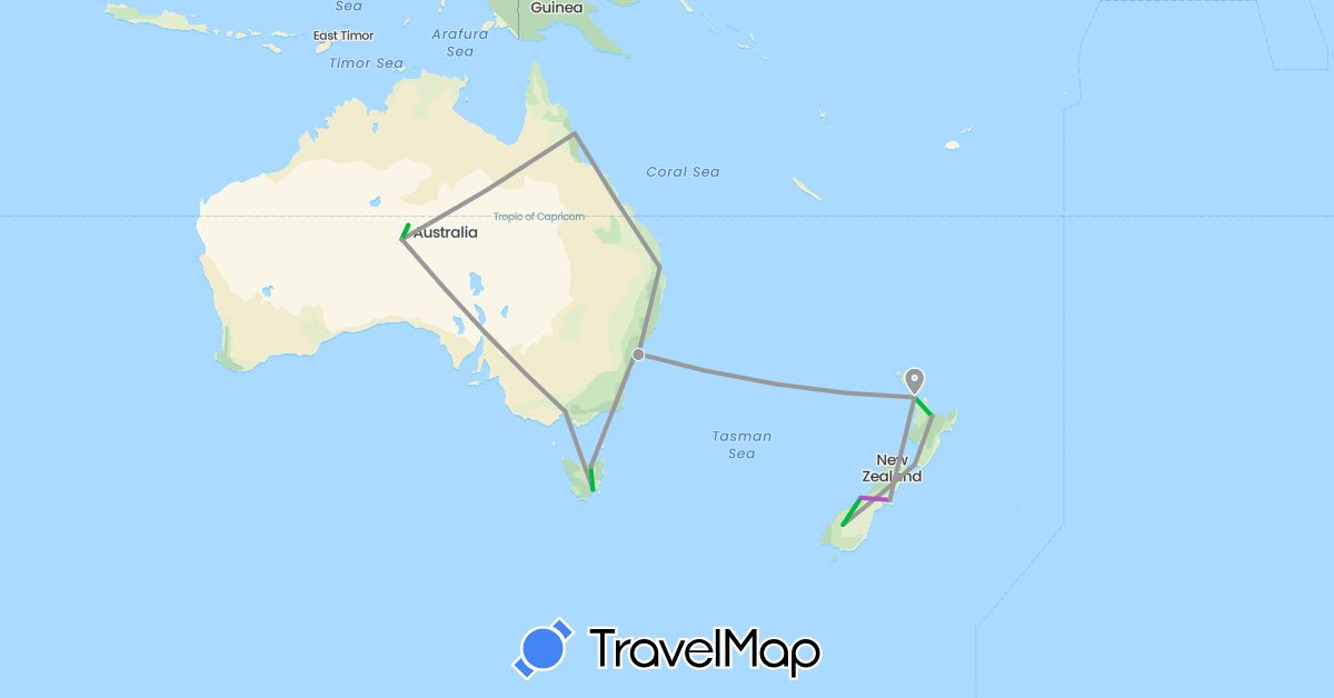 TravelMap itinerary: driving, bus, plane, train in Australia, New Zealand (Oceania)